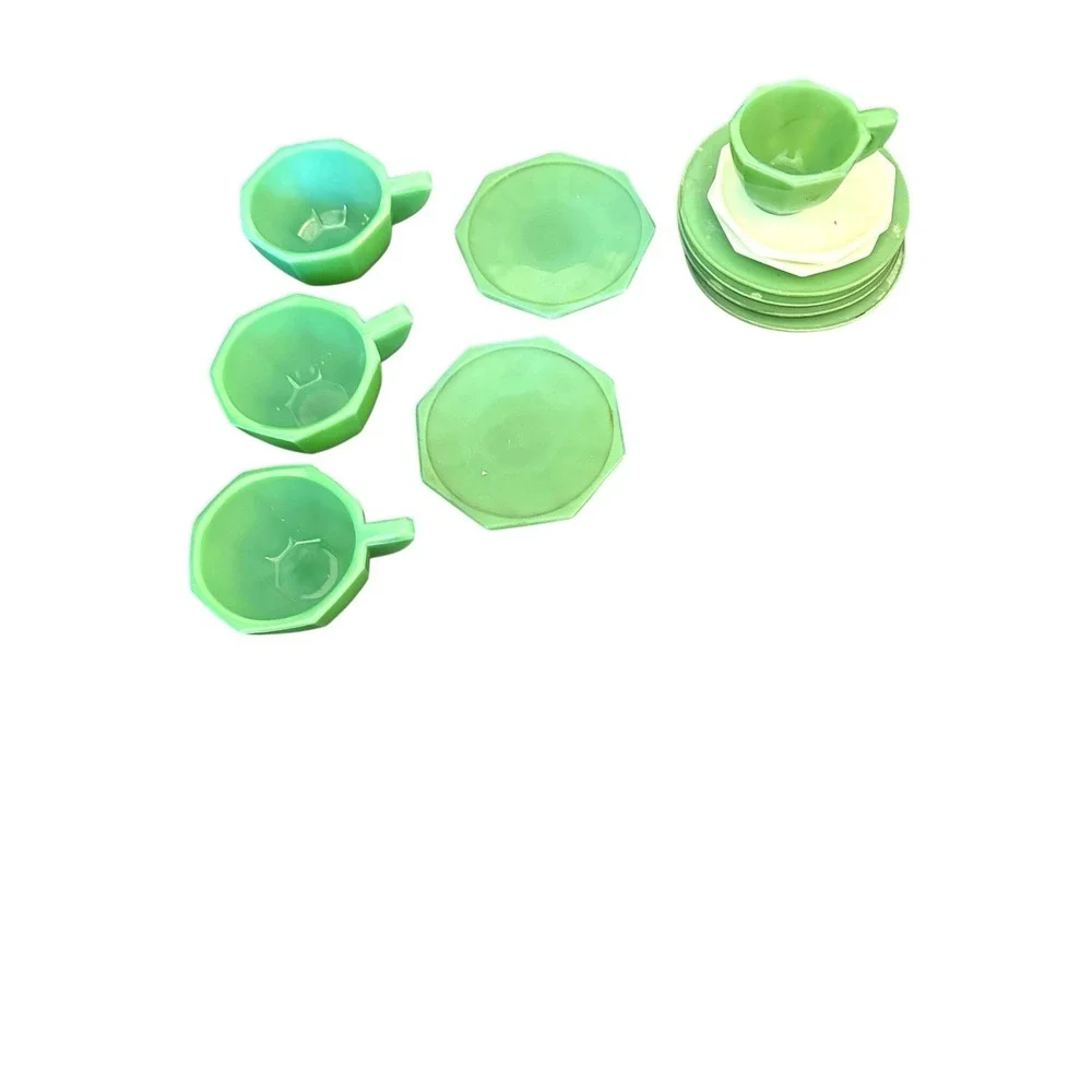 Vintage Jadeite Akro Agate JP Octagonal Child's Tea Set Accessories Cup Plate 12